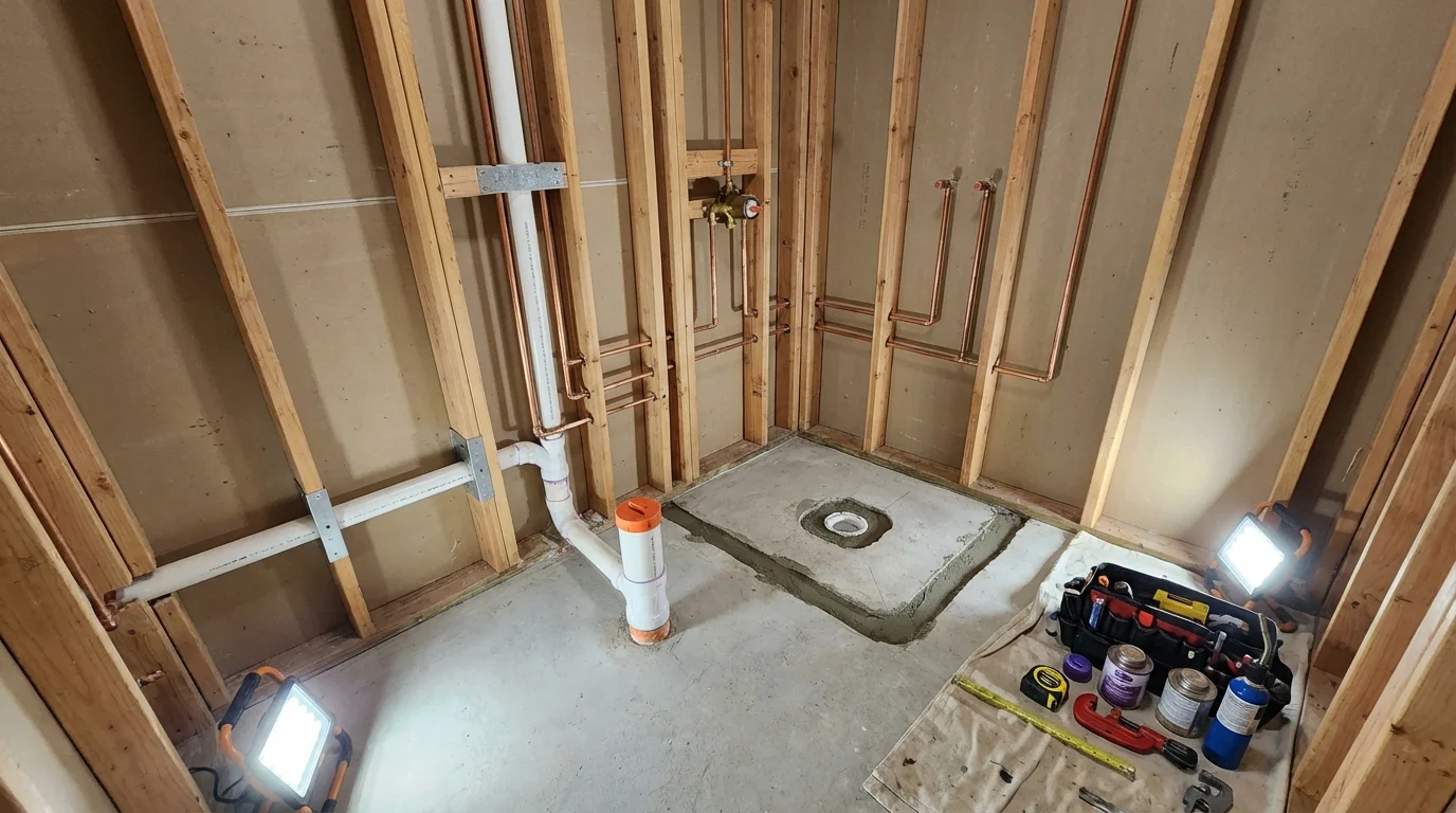 Bathroom rough-in plumbing during remodel by Johns Plumbing LLC in Malta