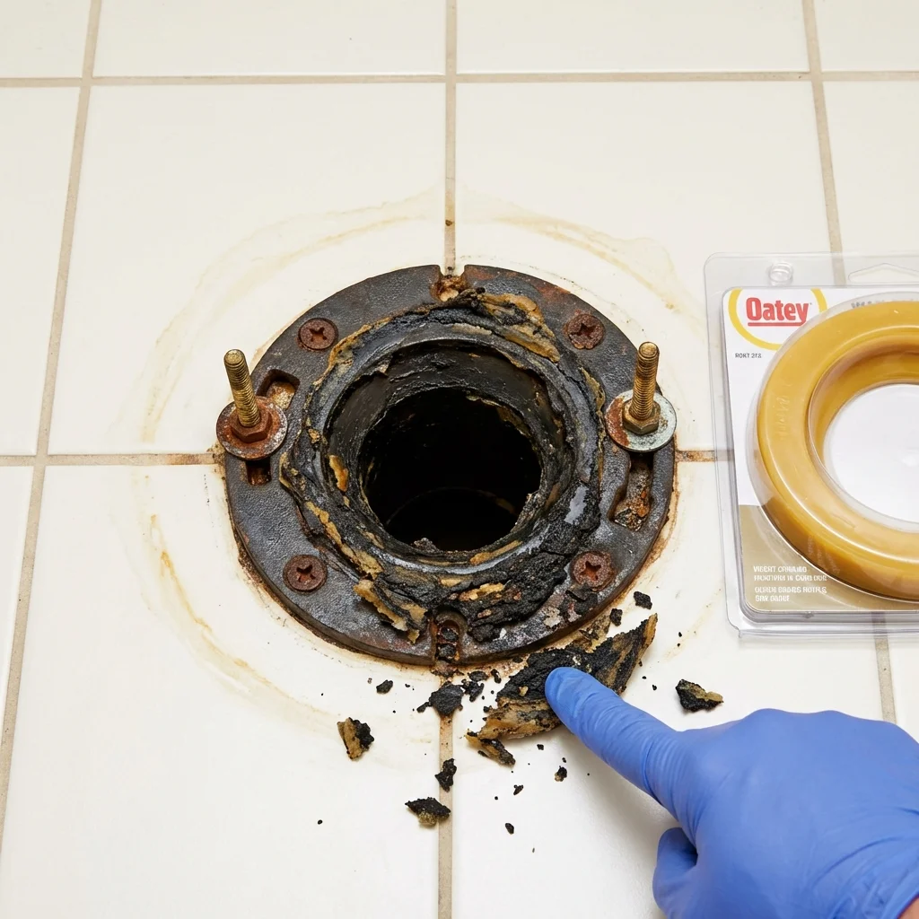 Failed wax ring showing water seepage at the base of a toilet in a Malta, MT home